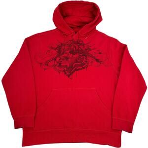 Vintage y2k Mens Red Black Fox Racing Cyber Grunge Skater Hoodie Sweatshirt Sz L